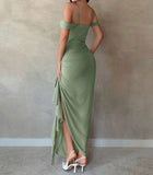 Sage Green Spaghetti Strap Sheath Chiffon Ruffles Evening Dress HZ1024