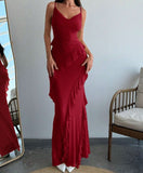 Red Spaghetti Straps Mermaid Party Dress Chiffon Ruffle Evening Dress HZ1024
