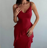 Red Spaghetti Straps Mermaid Party Dress Chiffon Ruffle Evening Dress HZ1024