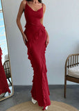 Red Spaghetti Straps Mermaid Party Dress Chiffon Ruffle Evening Dress HZ1024