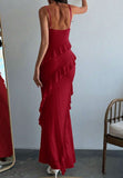 Red Spaghetti Straps Mermaid Party Dress Chiffon Ruffle Evening Dress HZ1024