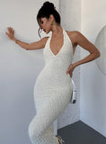 Off-White Lace Halter Bodycon Evening Dress Backless Fashion Party Dress HZ1024