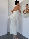 Off-White Lace Halter Bodycon Evening Dress Backless Fashion Party Dress HZ1024