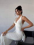 Off-White Lace Halter Bodycon Evening Dress Backless Fashion Party Dress HZ1024