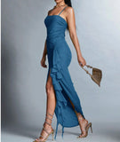 Blue Spaghetti Strap Chiffon Party Dress Ruffle Evening Gowns with Slit HZ1024