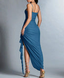 Blue Spaghetti Strap Chiffon Party Dress Ruffle Evening Gowns with Slit HZ1024