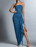 Blue Spaghetti Strap Chiffon Party Dress Ruffle Evening Gowns with Slit HZ1024