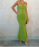 Green V-Neck Mermaid Chiffon Backless Fashion Dress HZ1024