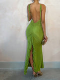 Green V-Neck Mermaid Chiffon Backless Fashion Dress HZ1024