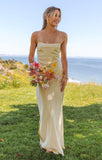 Yellow Spaghetti Strap Fashion Dress Backless Satin Evening Dress for Bridesmaids HZ1024