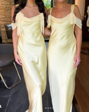 Off-the-shoulder Satin Sheath Formal Dresses Butter Yellow Evening Gowns HZ1024