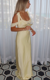 Off-the-shoulder Satin Sheath Formal Dresses Butter Yellow Evening Gowns HZ1024