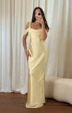 Off-the-shoulder Satin Sheath Formal Dresses Butter Yellow Evening Gowns HZ1024
