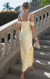 Off-the-shoulder Satin Sheath Formal Dresses Butter Yellow Evening Gowns HZ1024