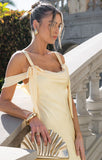 Off-the-shoulder Satin Sheath Formal Dresses Butter Yellow Evening Gowns HZ1024
