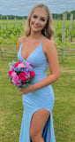 Blue Mermaid Satin V-neck Wedding Guest Dress Sexy Backless Evening Gowns HZ1024