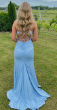 Blue Mermaid Satin V-neck Wedding Guest Dress Sexy Backless Evening Gowns HZ1024
