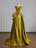 Yellow Satin Sweetheart Neck A-Line Sweet 16 Dress Gorgeous Formal Evening Gowns HZ1024