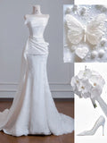 Strapless Satin Lace Mermaid Train Wedding Dress,Elegant Long Prom Dresses HZ1024