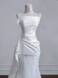 Strapless Satin Lace Mermaid Train Wedding Dress,Elegant Long Prom Dresses HZ1024