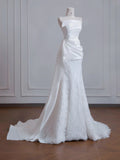 Strapless Satin Lace Mermaid Train Wedding Dress,Elegant Long Prom Dresses HZ1024