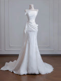 Strapless Satin Lace Mermaid Train Wedding Dress,Elegant Long Prom Dresses HZ1024
