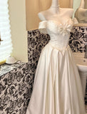 White Off Shoulder A-Line Satin Vintage Wedding Dress, Sweet Long Prom Dresses HZ1024