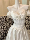 White Off Shoulder A-Line Satin Vintage Wedding Dress, Sweet Long Prom Dresses HZ1024