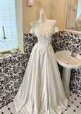 White Off Shoulder A-Line Satin Vintage Wedding Dress, Sweet Long Prom Dresses HZ1024