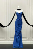 Blue Mermaid Strapless Satin Long Prom Dresses Formal Evening Gowns HZ1024