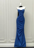 Blue Mermaid Strapless Satin Long Prom Dresses Formal Evening Gowns HZ1024