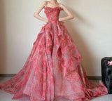 Red A-Line Strapless Printed Tulle Wedding Dress Sweet Long Prom Dresses HZ1024
