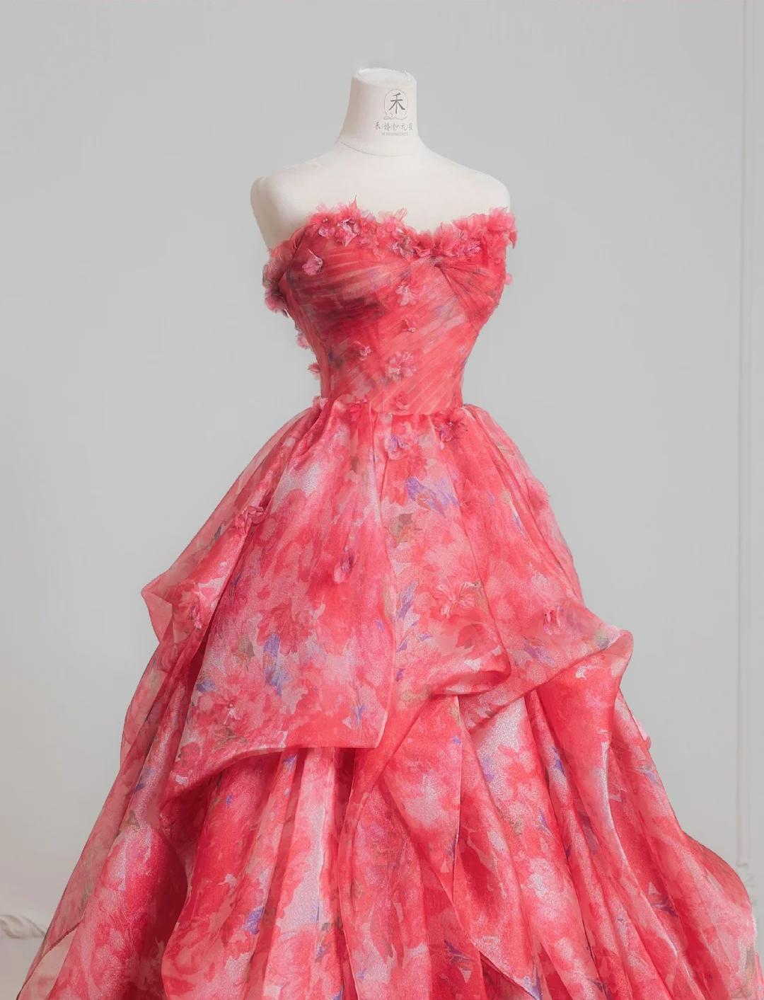 Red A-Line Strapless Printed Tulle Wedding Dress Sweet Long Prom Dresses HZ1024
