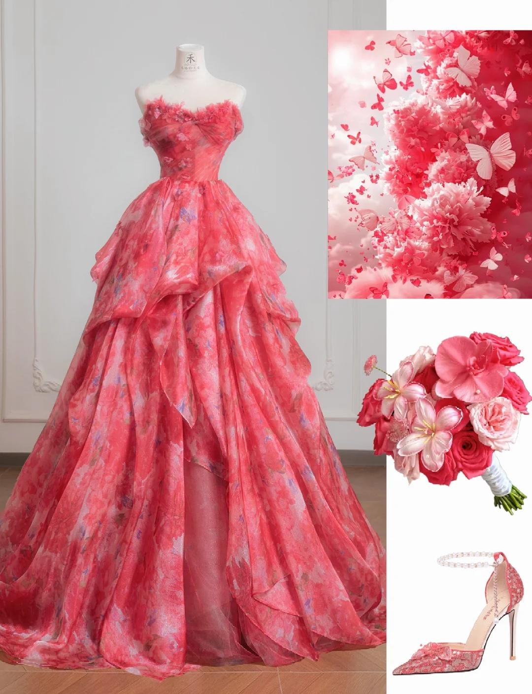 Red A-Line Strapless Printed Tulle Wedding Dress Sweet Long Prom Dresses HZ1024
