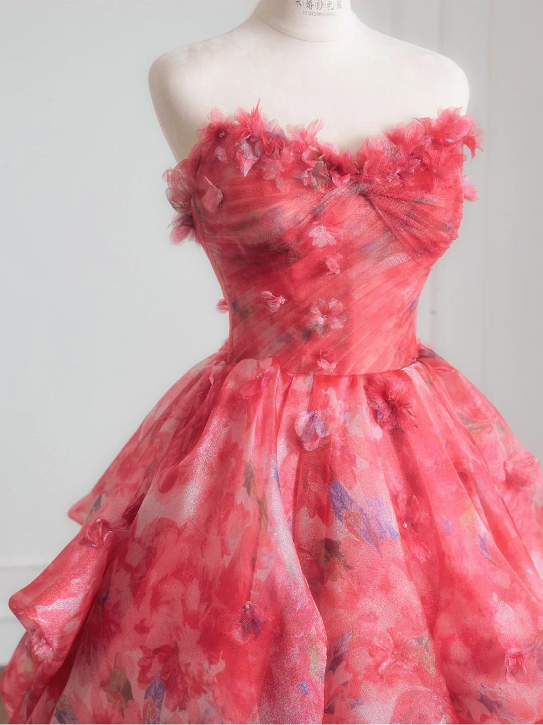 Red A-Line Strapless Printed Tulle Wedding Dress Sweet Long Prom Dresses HZ1024