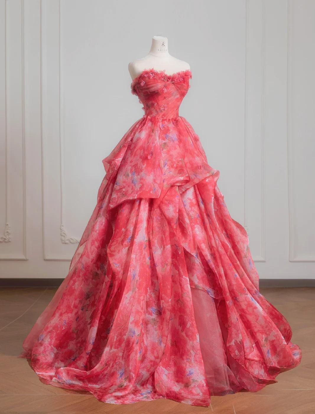 Red A-Line Strapless Printed Tulle Wedding Dress Sweet Long Prom Dresses HZ1024