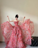 Red A-Line Strapless Printed Tulle Wedding Dress Sweet Long Prom Dresses HZ1024