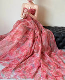 Red A-Line Strapless Printed Tulle Wedding Dress Sweet Long Prom Dresses HZ1024