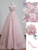 Pink Strapless Beaded Tulle Wedding Dress, A-Line Long Prom Dresses HZ1024