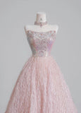 Pink Strapless Beaded Tulle Wedding Dress, A-Line Long Prom Dresses HZ1024