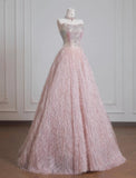 Pink Strapless Beaded Tulle Wedding Dress, A-Line Long Prom Dresses HZ1024