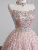 Pink Strapless Beaded Tulle Wedding Dress, A-Line Long Prom Dresses HZ1024