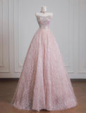 Pink Strapless Beaded Tulle Wedding Dress, A-Line Long Prom Dresses HZ1024