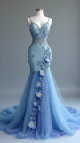 Blue Spaghetti Straps Mermaid Tulle Beaded Long Prom Dresses Formal Evening Gowns HZ1024
