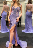 Purple Chiffon Beaded Sheath Elegant Backless Prom Dresses with Slits HZ1024