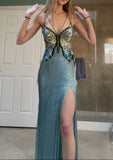 Purple Chiffon Beaded Sheath Elegant Backless Prom Dresses with Slits HZ1024