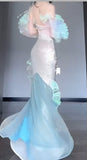 Ice Blue Mermaid Tulle Mask Prom Dresses Sparkling Sequin Evening Gowns HZ1024