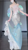 Ice Blue Mermaid Tulle Mask Prom Dresses Sparkling Sequin Evening Gowns HZ1024
