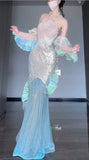 Ice Blue Mermaid Tulle Mask Prom Dresses Sparkling Sequin Evening Gowns HZ1024