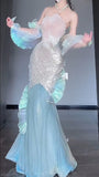 Ice Blue Mermaid Tulle Mask Prom Dresses Sparkling Sequin Evening Gowns HZ1024